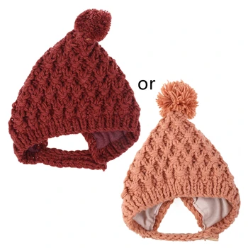 Зимняя теплая детская шапочка с меховым шариком, шапочка-бини для детей, девочек и мальчиков, защита ушей, Вязаная однотонная шапка