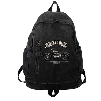 Винтажный выстиранный Джинсовый Женский рюкзак, Трендовый Крутой Холщовый рюкзак для колледжа, школьный рюкзак для девочек-подростков и мальчиков с рисунком мотоцикла