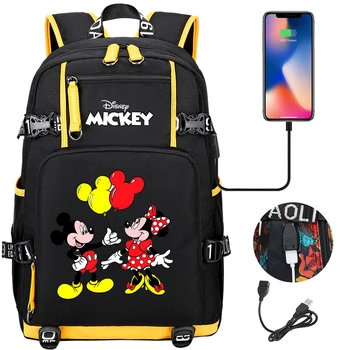 Модный рюкзак Disney с Микки и Минни, школьная сумка для подростков, сумка для ноутбука большой емкости, водонепроницаемая Многофункциональная сумка для зарядки через USB