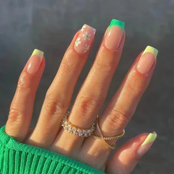 Яркие желтые Зеленые Белые цветочки Французские накладные ногти короткой квадратной формы Готовый клей для накладных ногтей для маникюра