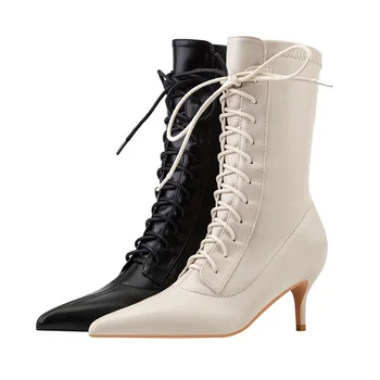 Женские ботинки роскошного бренда, модные ботинки на шнуровке с острым носком на тонком каблуке, женские эластичные ботинки, ботильоны размера плюс 43, женские ботильоны