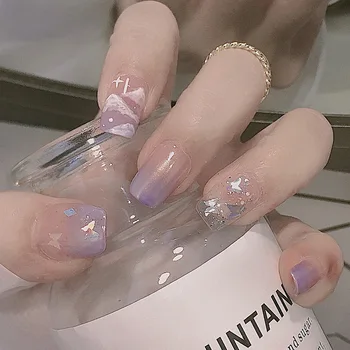 24шт фиолетовых бабочек с накладными ногтями, полное покрытие, Водонепроницаемая печать на накладных ногтях, женские украшения для ногтей для девочек