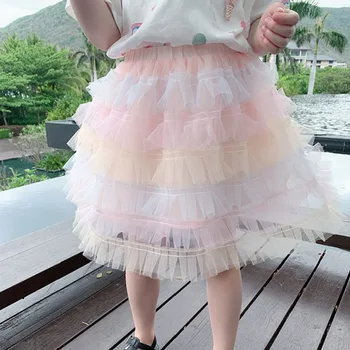 юбка-пачка для маленьких девочек, сетчатый градиентный слой торта, радужная юбка миди с рюшами, летняя юбка принцессы для малышей, детская одежда 3-8 лет