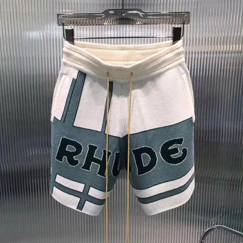 Реальное фото Трикотажные шорты Rhude с логотипом American High Street Винтажными буквами RHUDE Jacquard Drawstring Мужские Женские шерстяные шорты