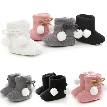 Мама и малыш 0-18 м, Зимние ботинки для новорожденных девочек, хлопковая обувь с милым помпоном и бантом, осенне-зимние теплые ботинки