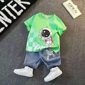 Комплект одежды для мальчиков, Летняя детская хлопковая футболка с короткими рукавами и рисунком, Шорты, Красивый комплект из двух предметов