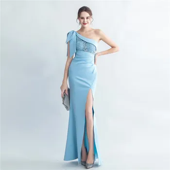 Женское сексуальное платье с цветочной вышивкой на одно плечо, макси-платье с разрезом и высокой талией, Элегантные облегающие длинные платья Vestidos