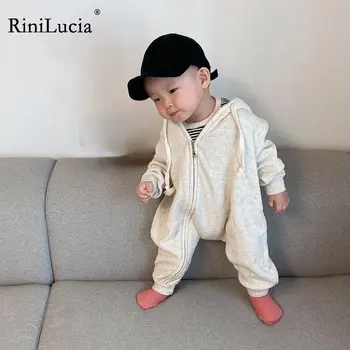RiniLucia 2023, Новинка Для новорожденных Малышей, Комбинезон для маленьких девочек, Однотонные комбинезоны для мальчиков на молнии с капюшоном, осенний детский комбинезон