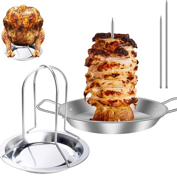 Вертикальная подставка для жарки курицы на шпажках с чашей, Металлический держатель для жарки курицы, сменные шипы с ручкой, Аксессуары для коптильни
