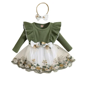 Комплект одежды из 2 предметов для маленьких девочек, платье-ползунки с вышивкой и длинными рукавами и милая повязка на голову для малышей Осень