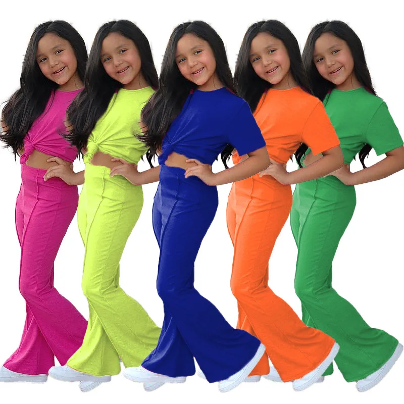 Летняя одежда для девочек-подростков, детская одежда ярких цветов, топ + длинные брюки, комплект из 2 предметов, детская спортивная одежда для 3, 4, 5, 6, 7, 8, 9 лет